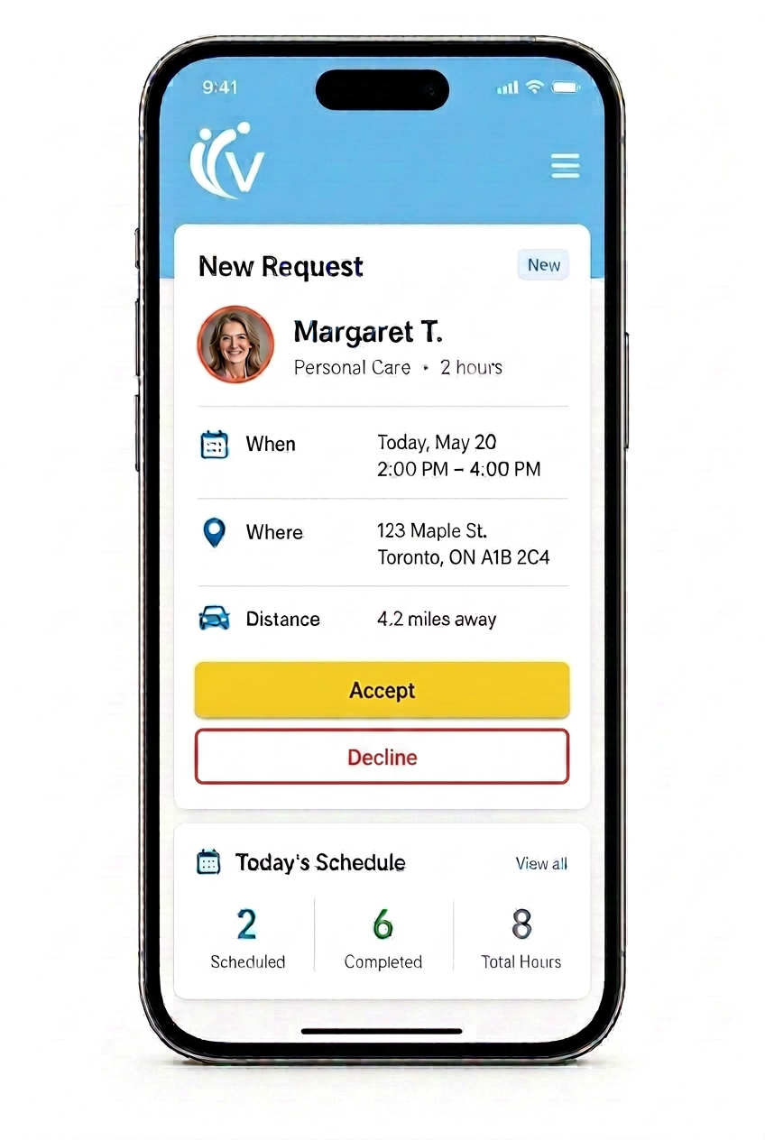 Vidal Caregiver app running on an iPhone, showing a new care request for Margaret T. with Accept and Decline buttons